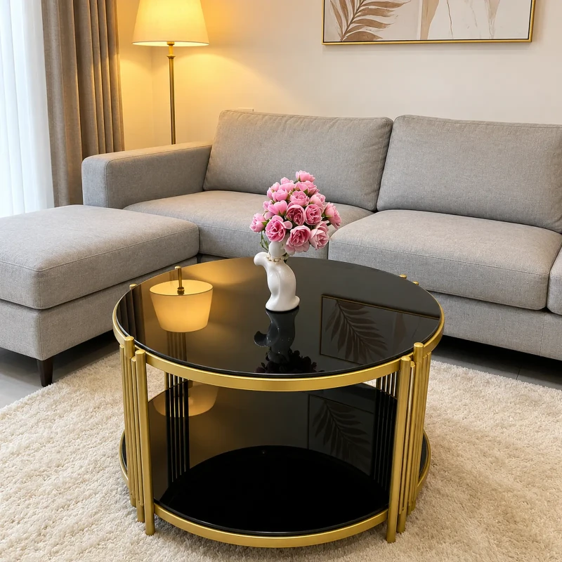 Modern Round Tempered Glass Coffee Table with Gold Metal Frame and Storage Shelf – A223