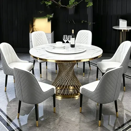 Round Marble Dining Table Set with Gold Mesh Base & Quilted Grey Chairs 6 Seater