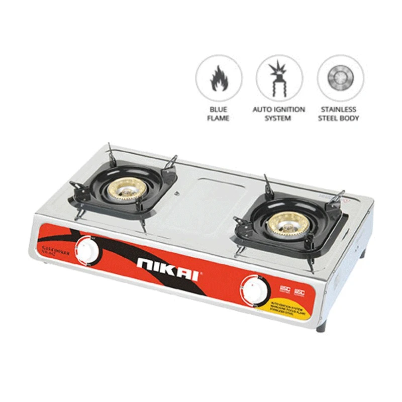 Nikai Stainless Steel Double Burner Gas Stove with Auto Ignition System and Blue Flame - NG842