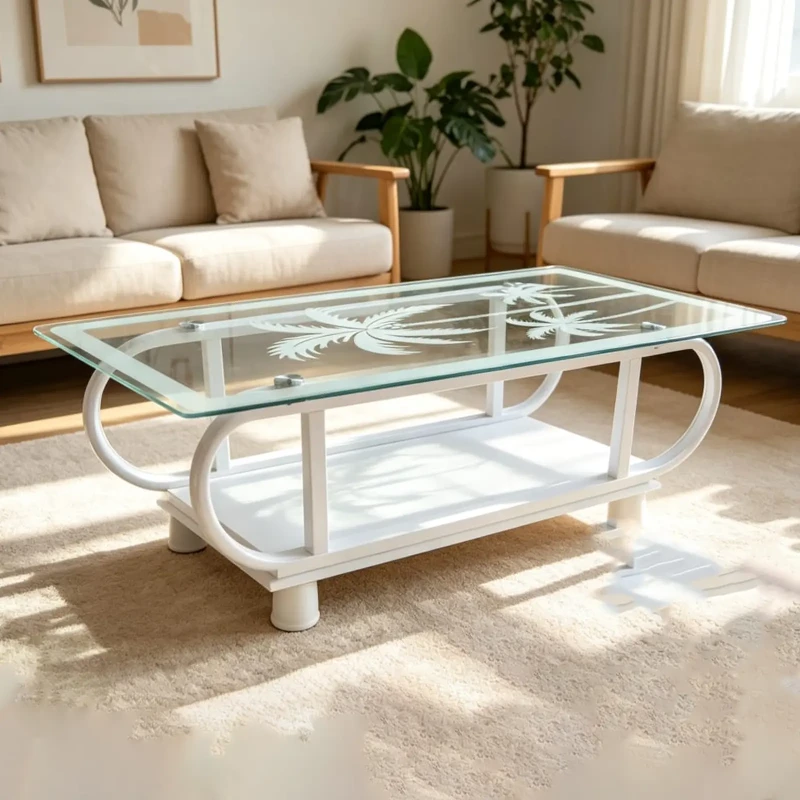 White Palm Design Tempered Glass Coffee Table with Lower Storage Shelf – V9-2